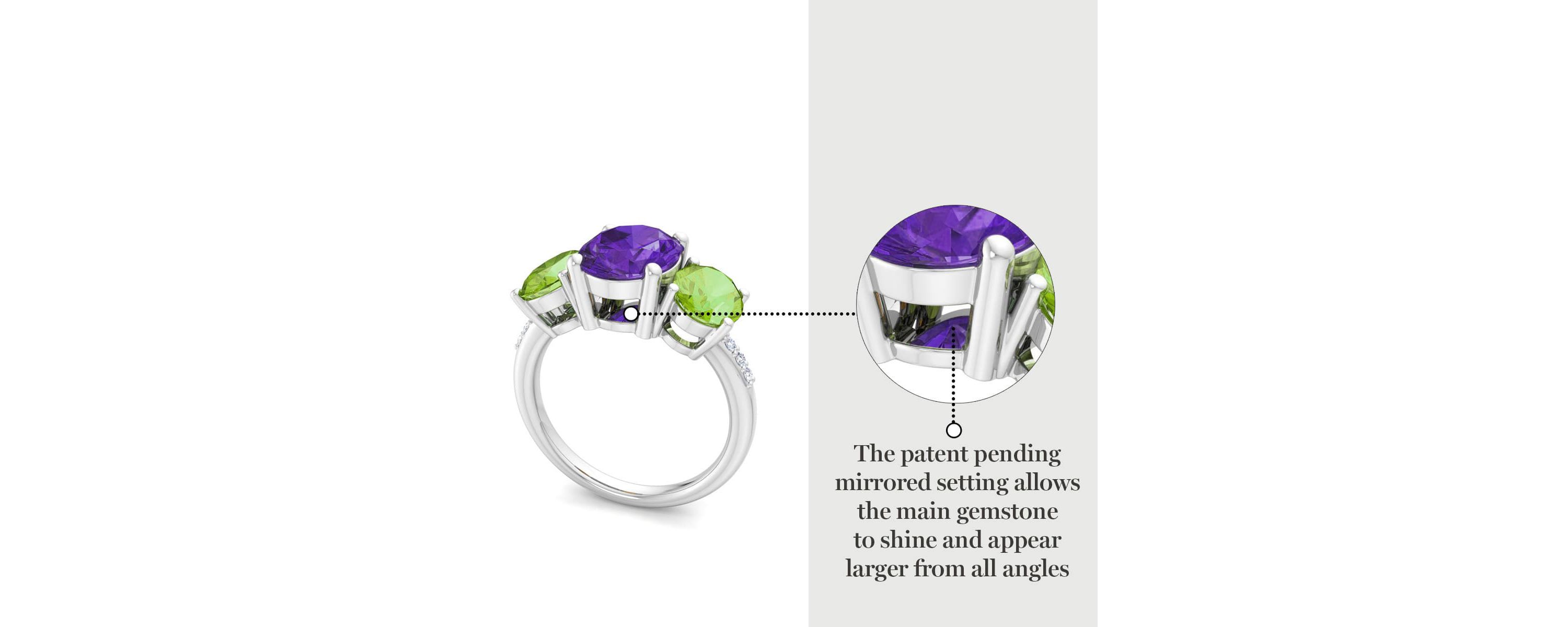 Lab Created Martha Stewart 5 Carat Oval Shape Amethyst, Peridot and Lab Grown Diamond Three Stone Plus Ring In Sterling Silver
