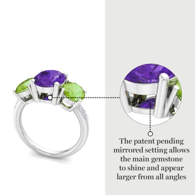 Lab Created Martha Stewart 5 Carat Oval Shape Amethyst, Peridot and Lab Grown Diamond Three Stone Plus Ring In Sterling Silver
