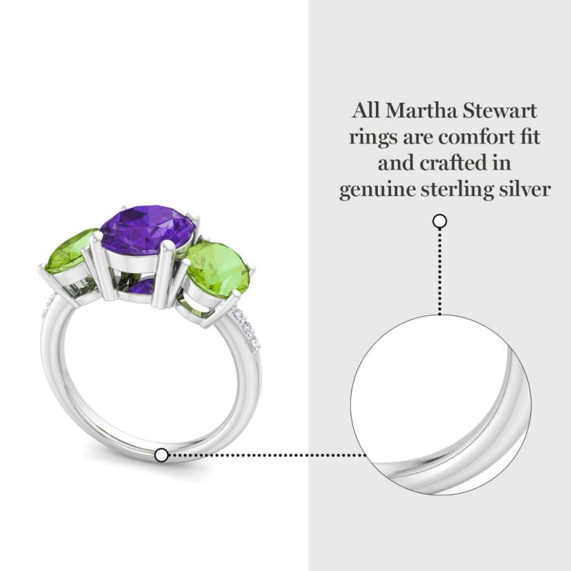 Lab Created Martha Stewart 5 Carat Oval Shape Amethyst, Peridot and Lab Grown Diamond Three Stone Plus Ring In Sterling Silver