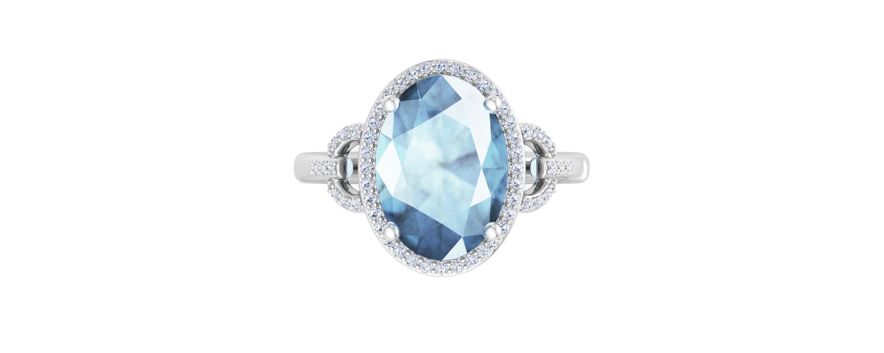 Lab Created Martha Stewart 6 3/4 Carat Oval Shape Gemstone and Lab Grown Diamond Halo Ring In Sterling Silver