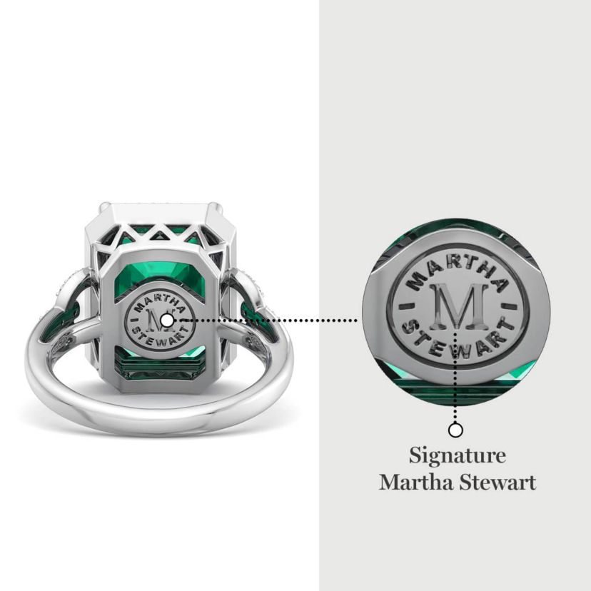 Lab Created Martha Stewart 7 1/3 Carat Emerald Cut Gemstone and Lab Grown Diamond Halo Ring In Sterling Silver