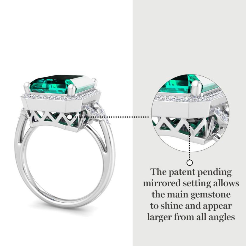Lab Created Martha Stewart 7 1/3 Carat Emerald Cut Gemstone and Lab Grown Diamond Halo Ring In Sterling Silver