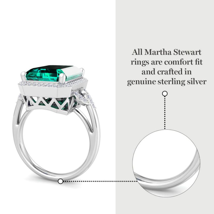 Lab Created Martha Stewart 7 1/3 Carat Emerald Cut Gemstone and Lab Grown Diamond Halo Ring In Sterling Silver