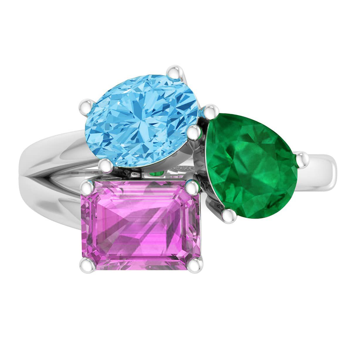 Lab Created Martha Stewart 3 3/4 Carat Blue Topaz, Emerald and Pink Sapphire Three Stone Cluster Ring In Sterling Silver