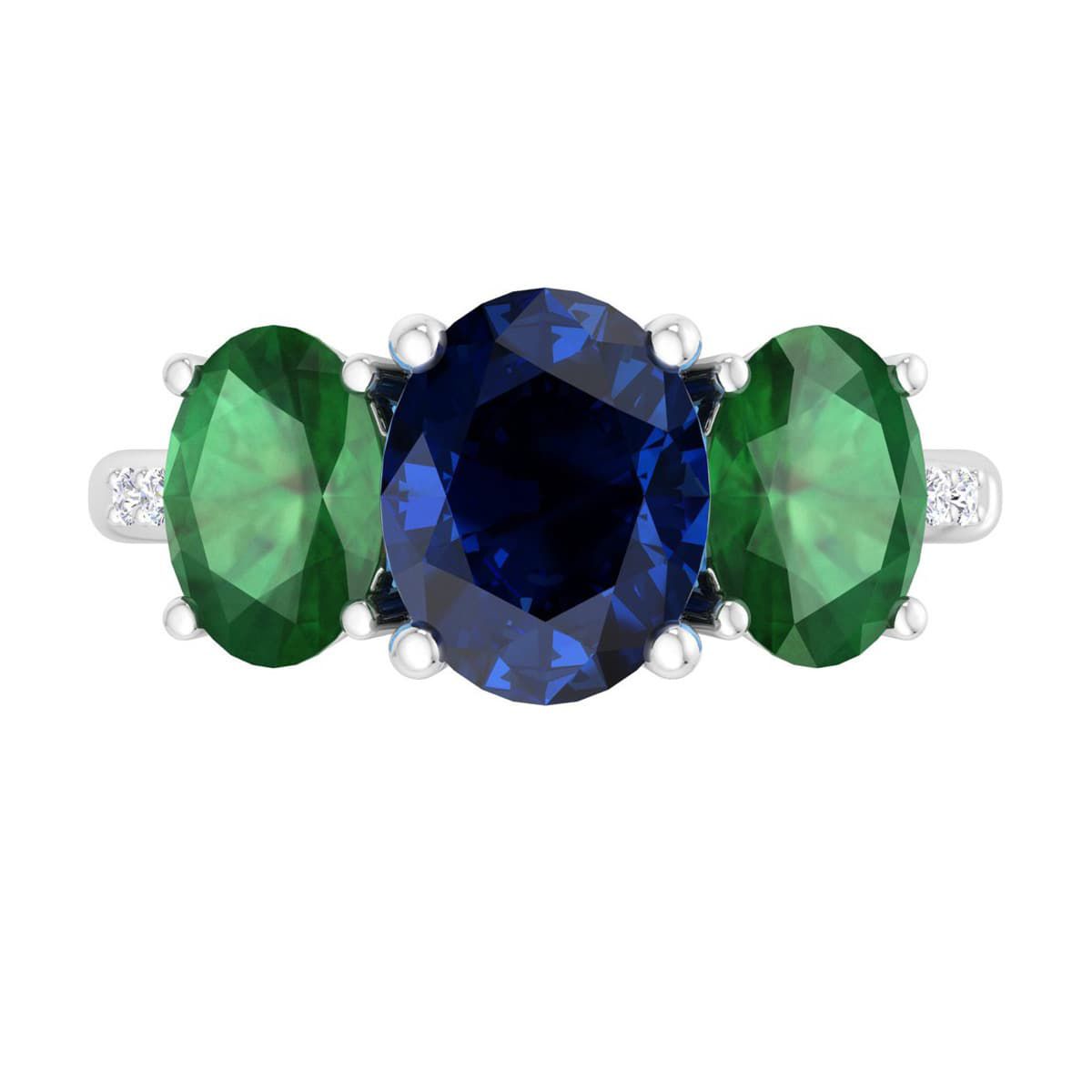 Lab Created Martha Stewart 5 Carat Oval Shape Sapphire, Emerald and Lab Grown Diamond Three Stone Plus Ring In Sterling Silver