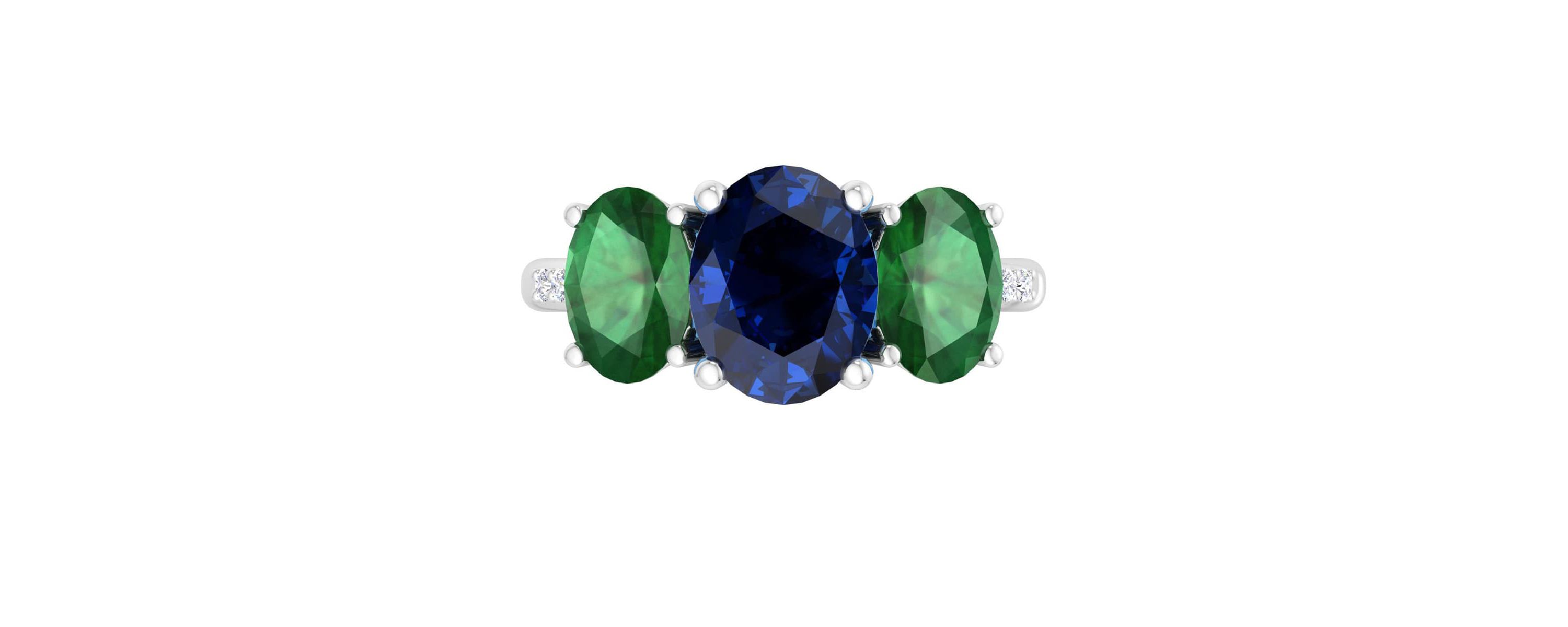 Lab Created Martha Stewart 5 Carat Oval Shape Sapphire, Emerald and Lab Grown Diamond Three Stone Plus Ring In Sterling Silver