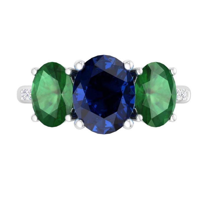 Lab Created Martha Stewart 5 Carat Oval Shape Sapphire, Emerald and Lab Grown Diamond Three Stone Plus Ring In Sterling Silver
