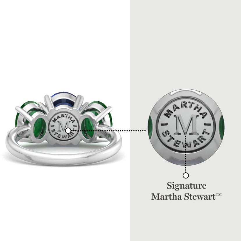 Lab Created Martha Stewart 5 Carat Oval Shape Sapphire, Emerald and Lab Grown Diamond Three Stone Plus Ring In Sterling Silver
