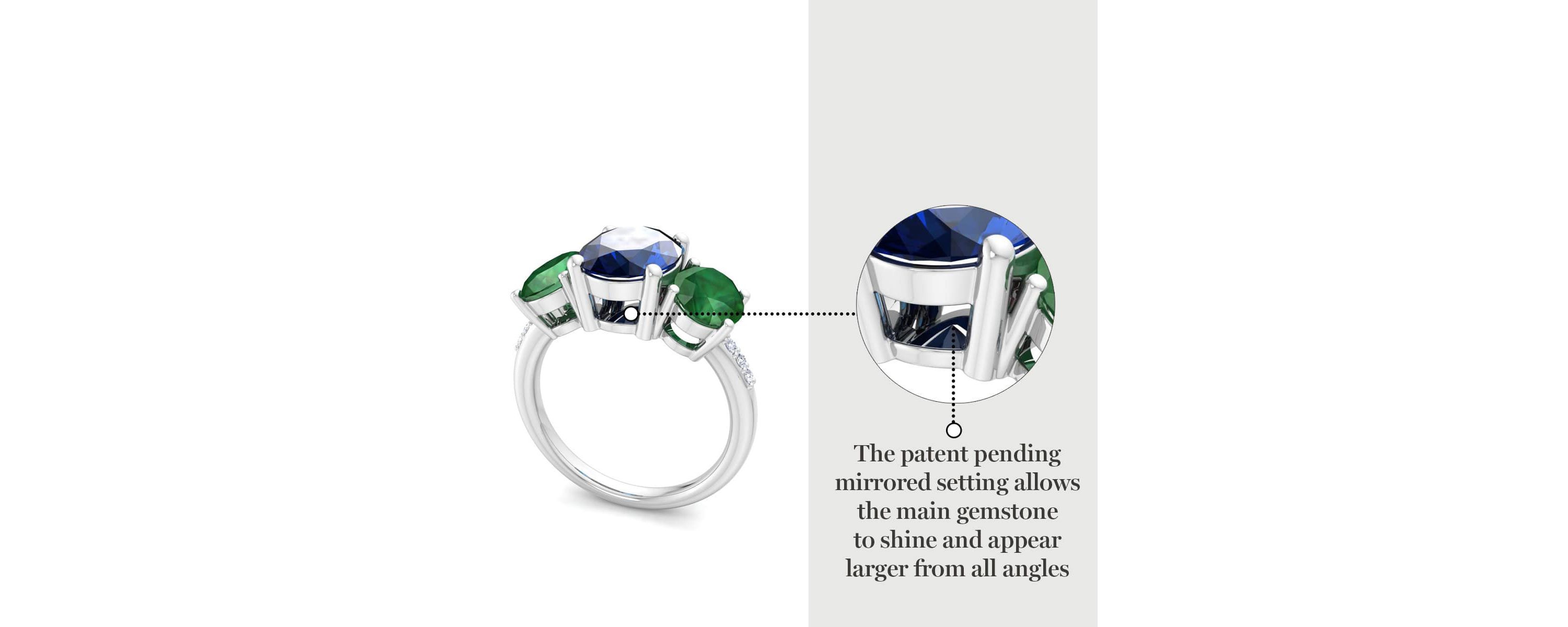 Lab Created Martha Stewart 5 Carat Oval Shape Sapphire, Emerald and Lab Grown Diamond Three Stone Plus Ring In Sterling Silver