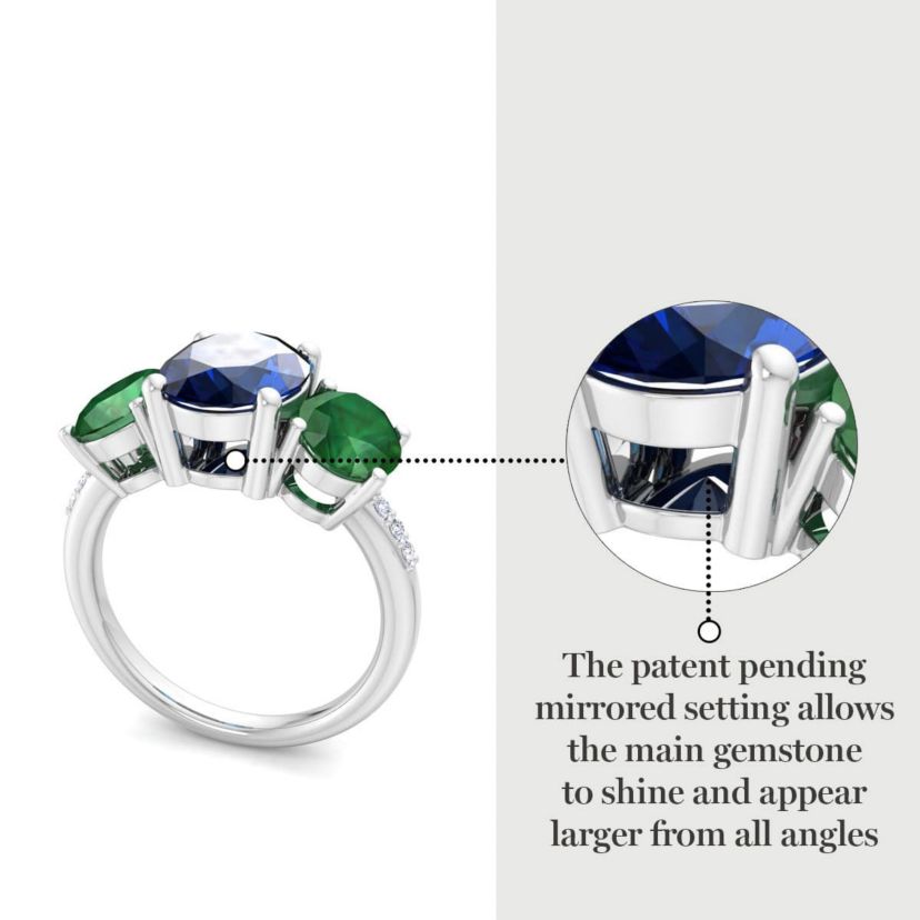 Lab Created Martha Stewart 5 Carat Oval Shape Sapphire, Emerald and Lab Grown Diamond Three Stone Plus Ring In Sterling Silver