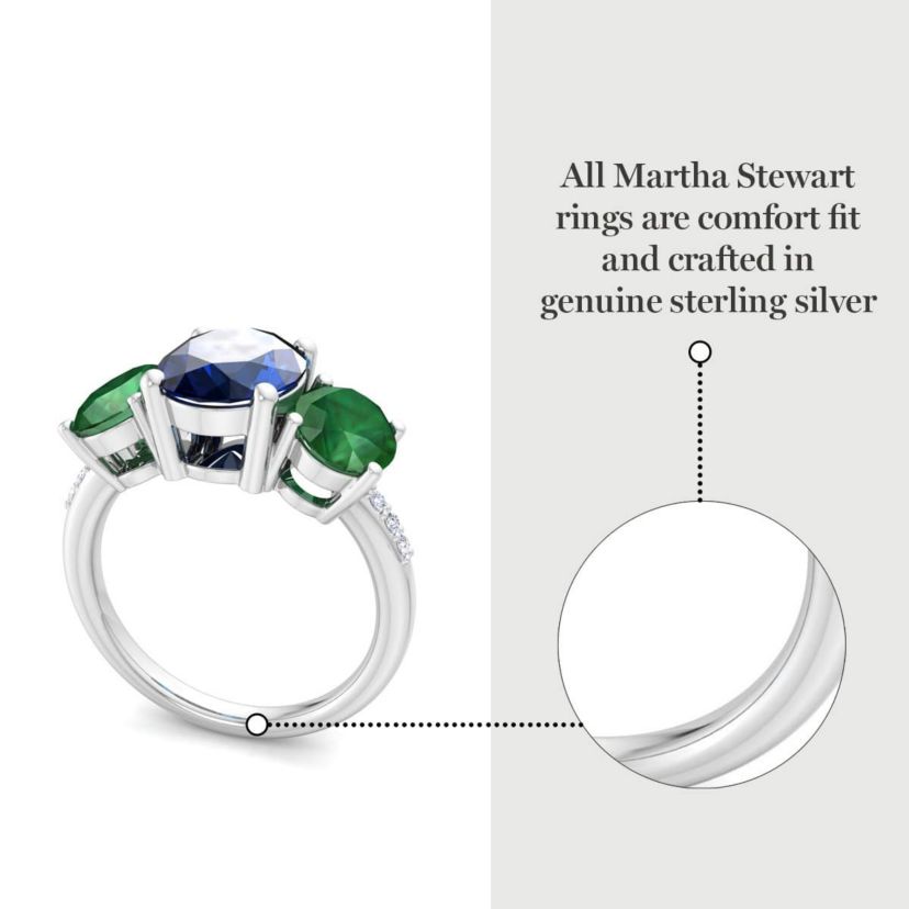 Lab Created Martha Stewart 5 Carat Oval Shape Sapphire, Emerald and Lab Grown Diamond Three Stone Plus Ring In Sterling Silver