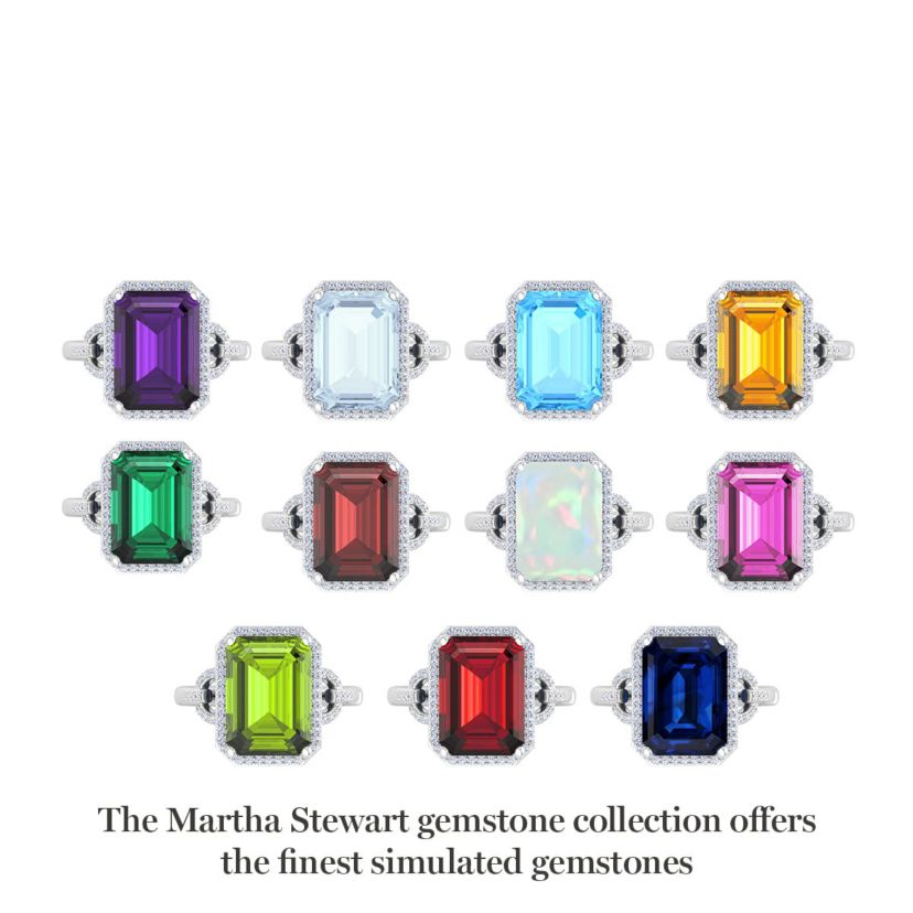 Lab Created Martha Stewart 7 1/3 Carat Emerald Cut Gemstone and Lab Grown Diamond Halo Ring In Sterling Silver