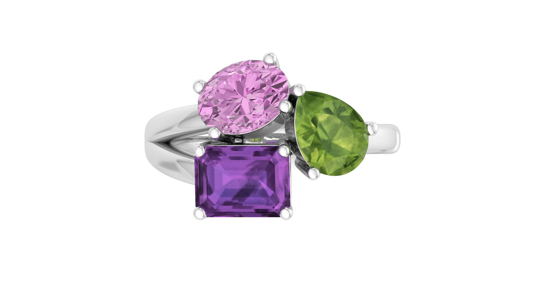Lab Created Martha Stewart 3 3/4 Carat Pink Sapphire, Peridot and Amethyst Three Stone Cluster Ring In Sterling Silver