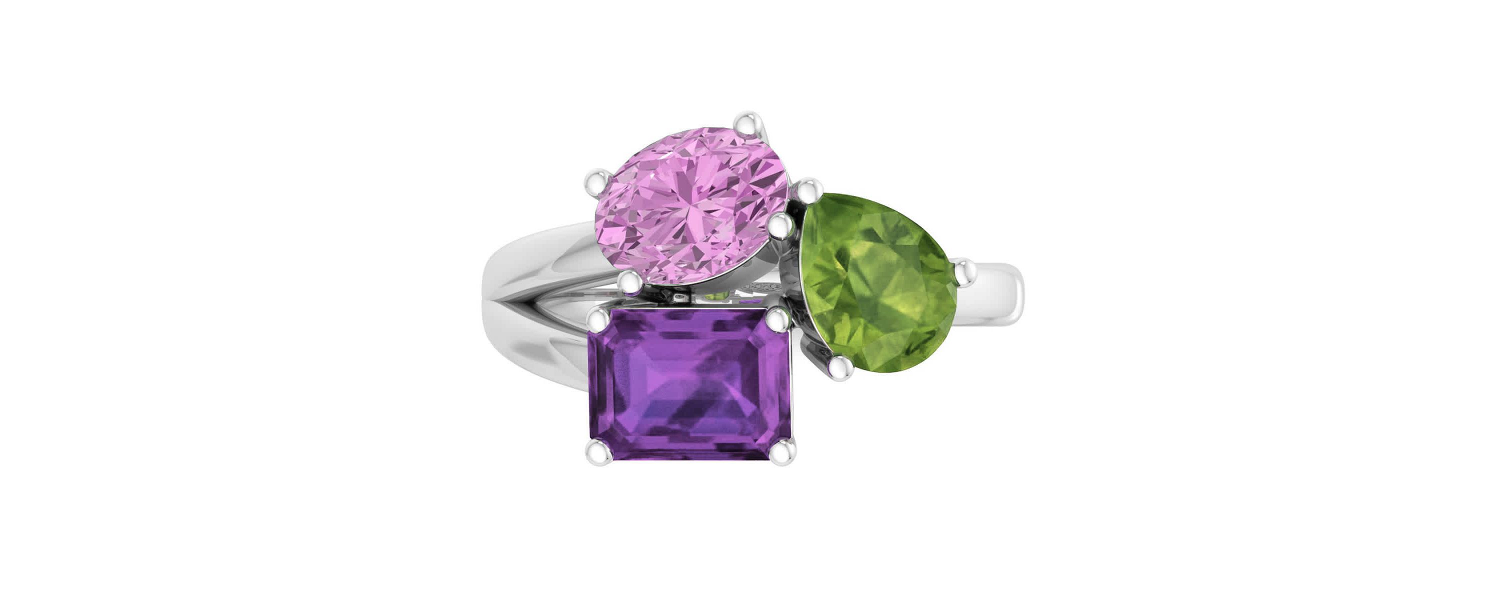 Lab Created Martha Stewart 3 3/4 Carat Pink Sapphire, Peridot and Amethyst Three Stone Cluster Ring In Sterling Silver