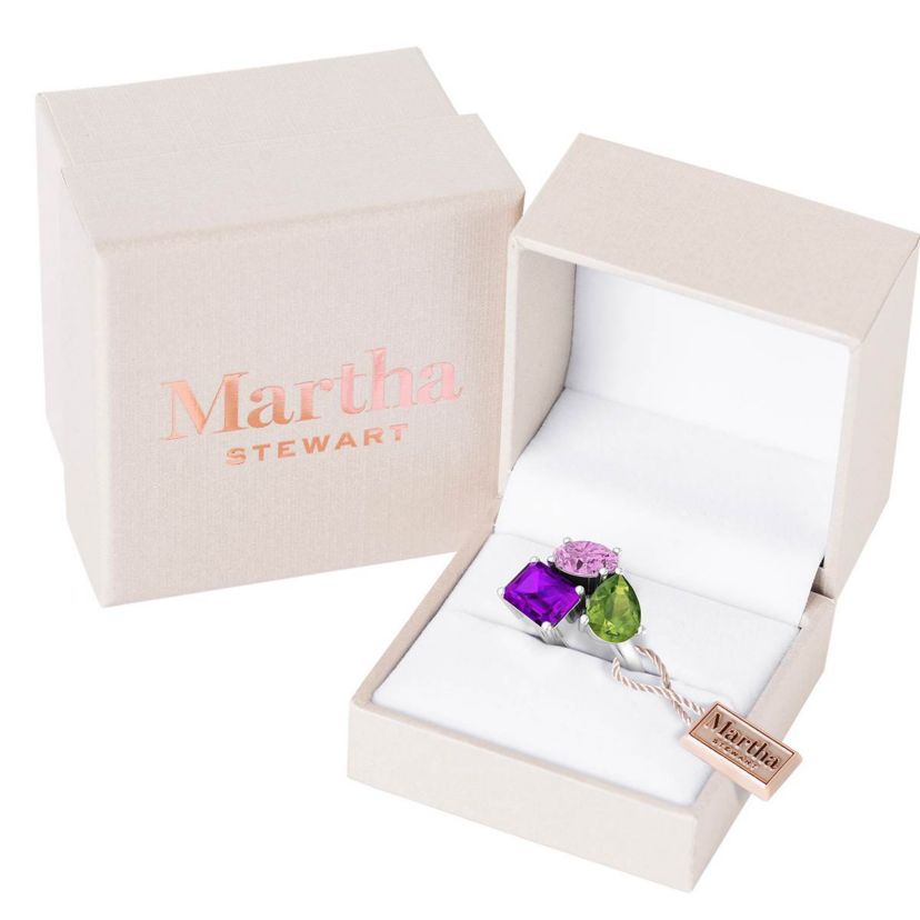 Lab Created Martha Stewart 3 3/4 Carat Pink Sapphire, Peridot and Amethyst Three Stone Cluster Ring In Sterling Silver