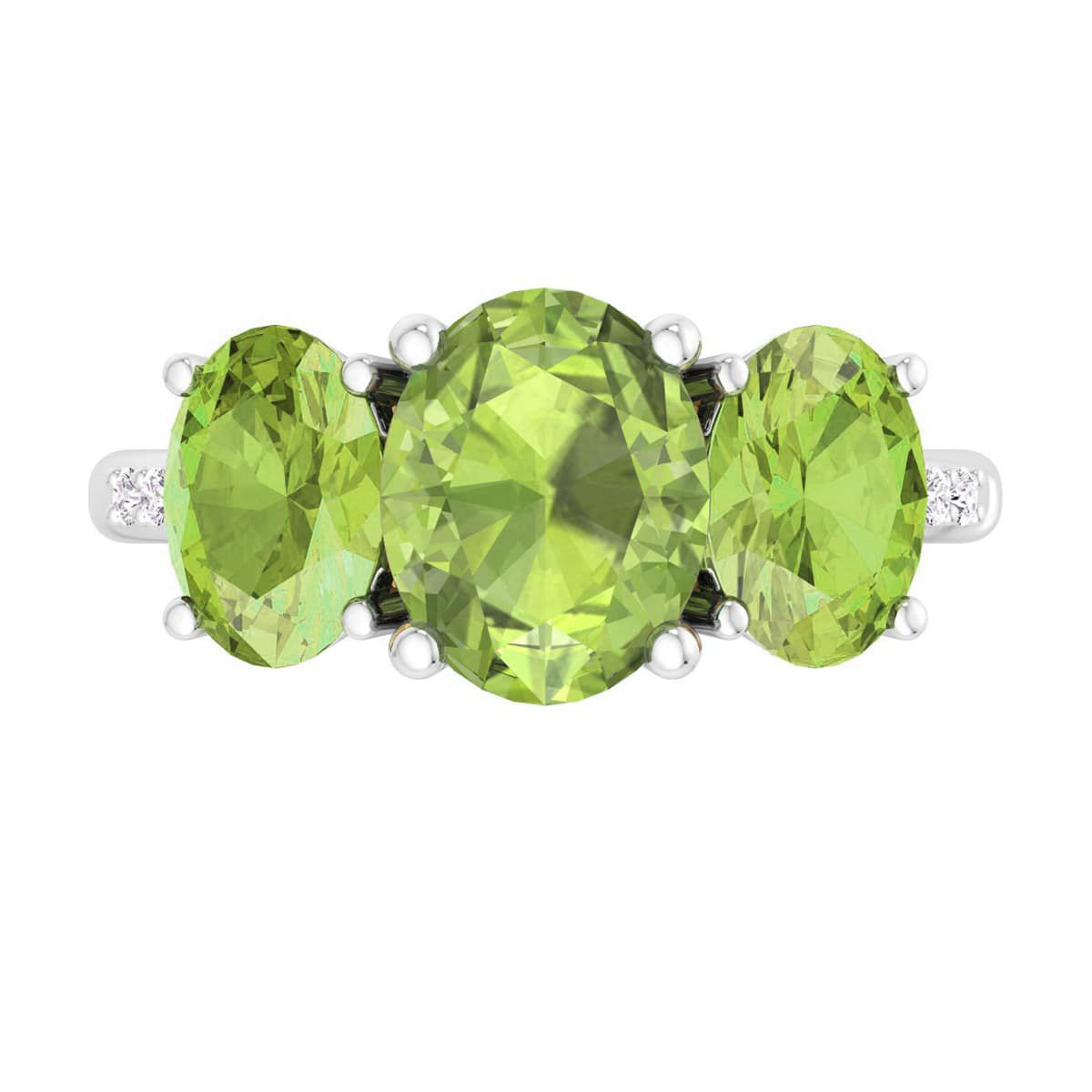 Lab Created Martha Stewart 5 Carat Oval Shape Peridot and Lab Grown Diamond Three Stone Plus Ring In Sterling Silver