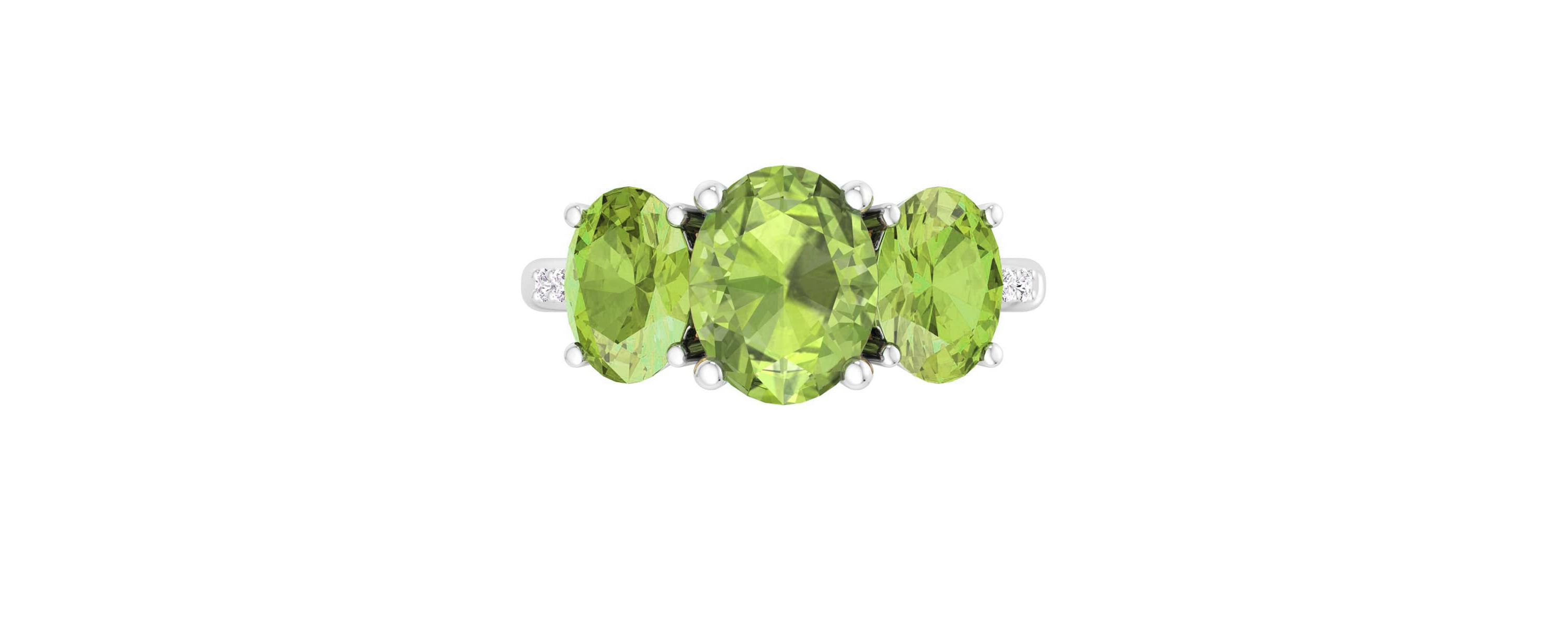 Lab Created Martha Stewart 5 Carat Oval Shape Peridot and Lab Grown Diamond Three Stone Plus Ring In Sterling Silver