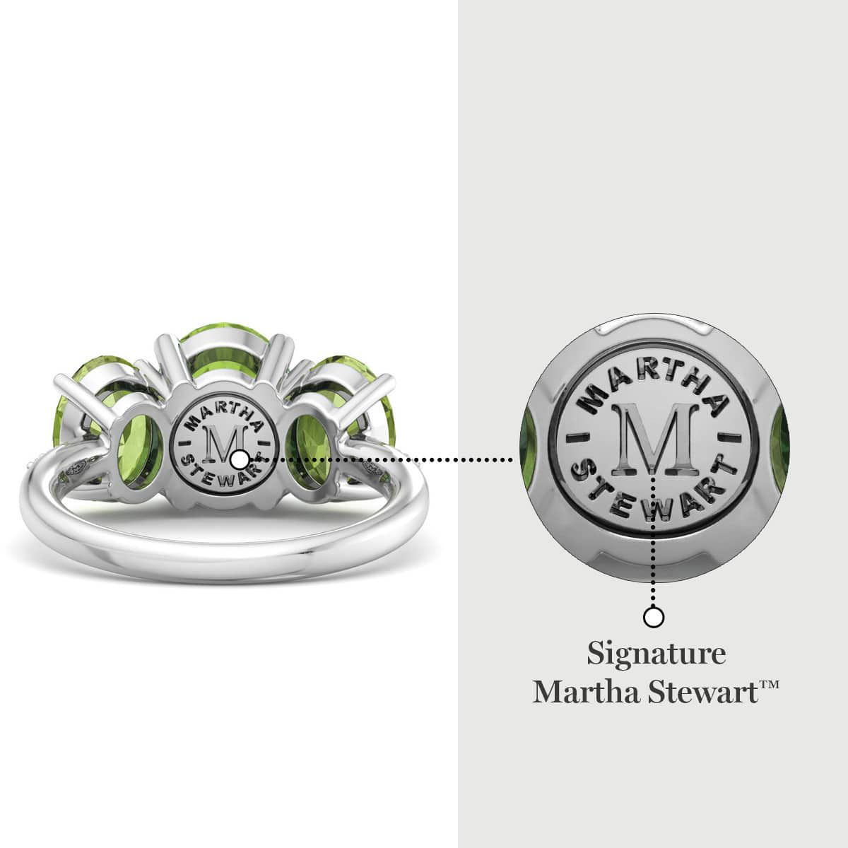 Lab Created Martha Stewart 5 Carat Oval Shape Peridot and Lab Grown Diamond Three Stone Plus Ring In Sterling Silver