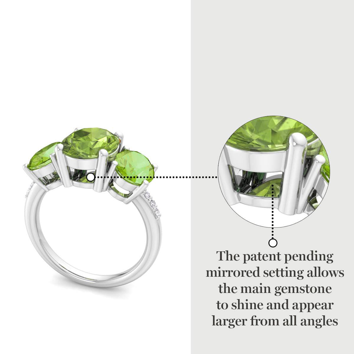 Lab Created Martha Stewart 5 Carat Oval Shape Peridot and Lab Grown Diamond Three Stone Plus Ring In Sterling Silver