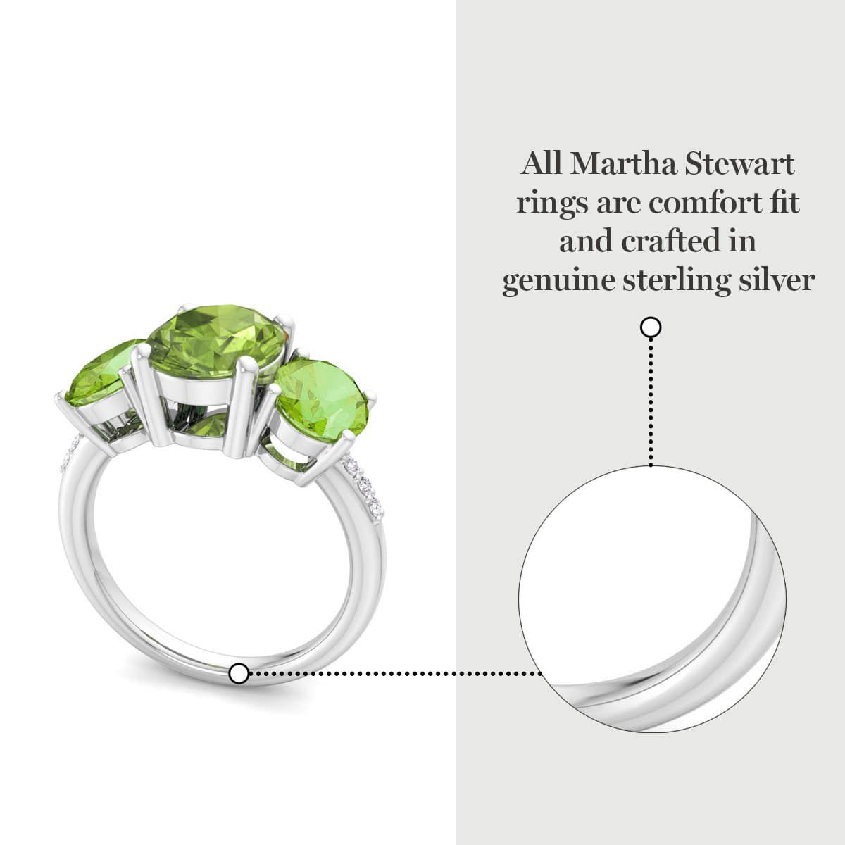 Lab Created Martha Stewart 5 Carat Oval Shape Peridot and Lab Grown Diamond Three Stone Plus Ring In Sterling Silver