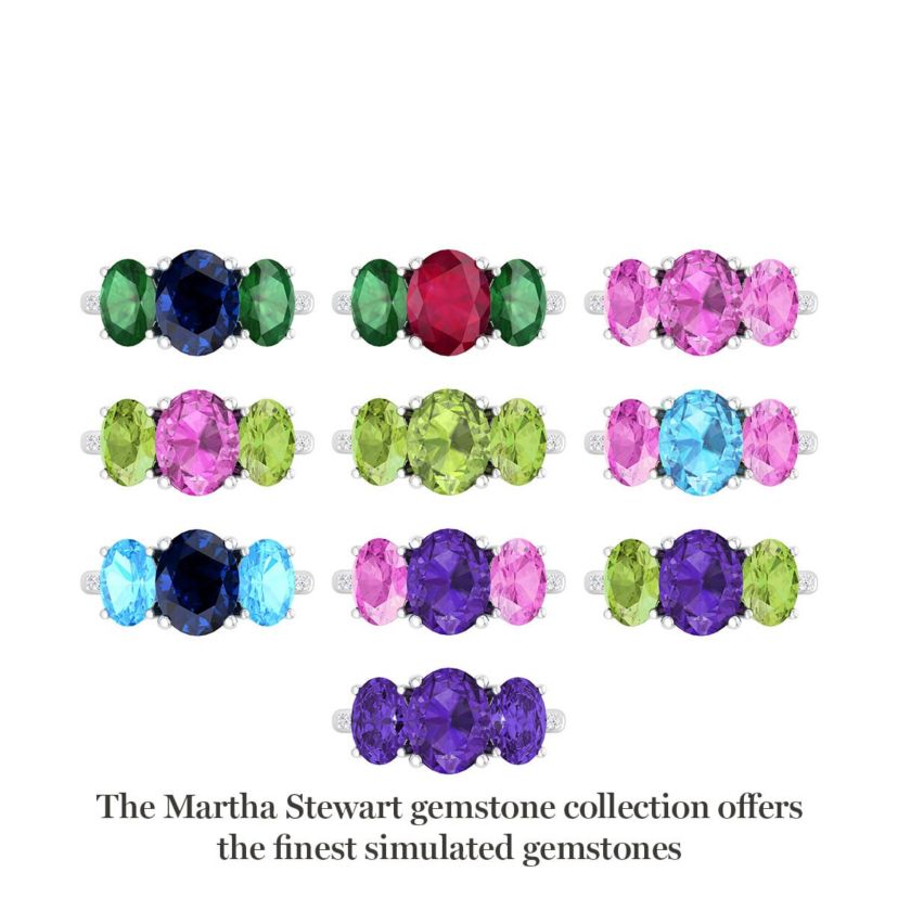Lab Created Martha Stewart 5 Carat Oval Shape Peridot and Lab Grown Diamond Three Stone Plus Ring In Sterling Silver