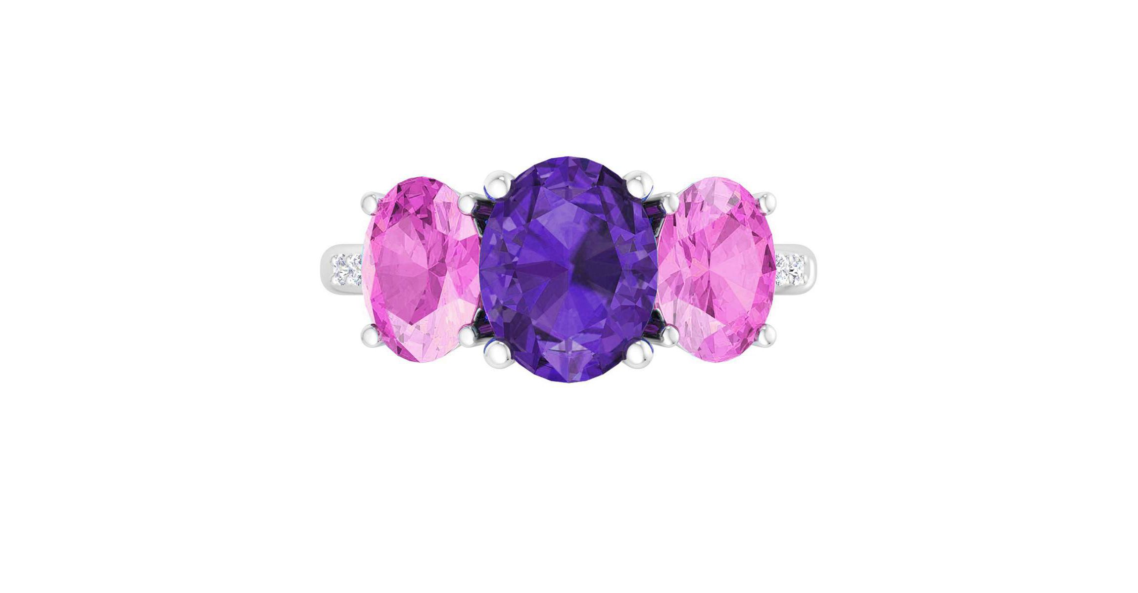 Lab Created Martha Stewart 5 Carat Oval Shape Amethyst, Pink Sapphire and Lab Grown Diamond Three Stone Plus Ring In Sterling Silver