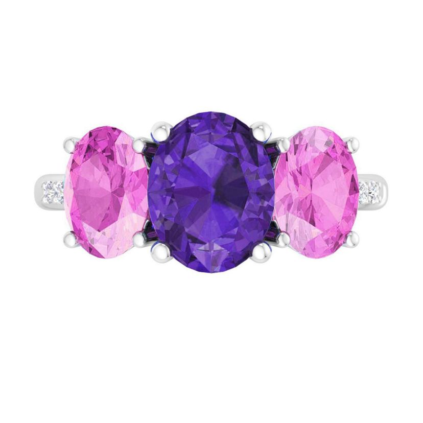 Lab Created Martha Stewart 5 Carat Oval Shape Amethyst, Pink Sapphire and Lab Grown Diamond Three Stone Plus Ring In Sterling Silver