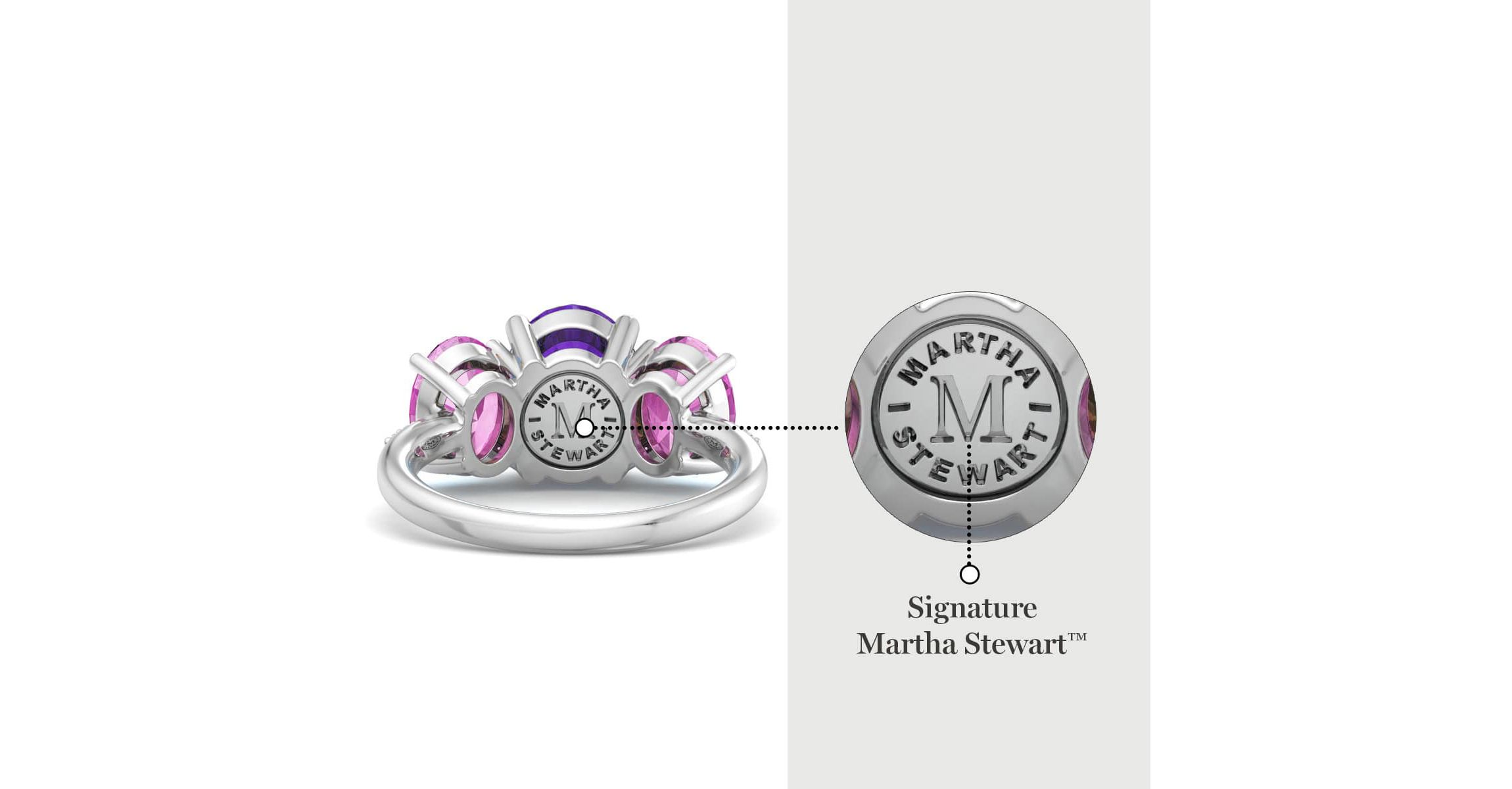 Lab Created Martha Stewart 5 Carat Oval Shape Amethyst, Pink Sapphire and Lab Grown Diamond Three Stone Plus Ring In Sterling Silver
