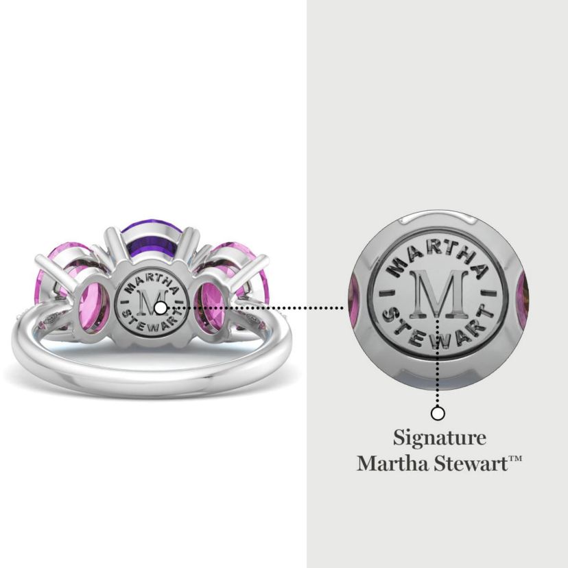 Lab Created Martha Stewart 5 Carat Oval Shape Amethyst, Pink Sapphire and Lab Grown Diamond Three Stone Plus Ring In Sterling Silver