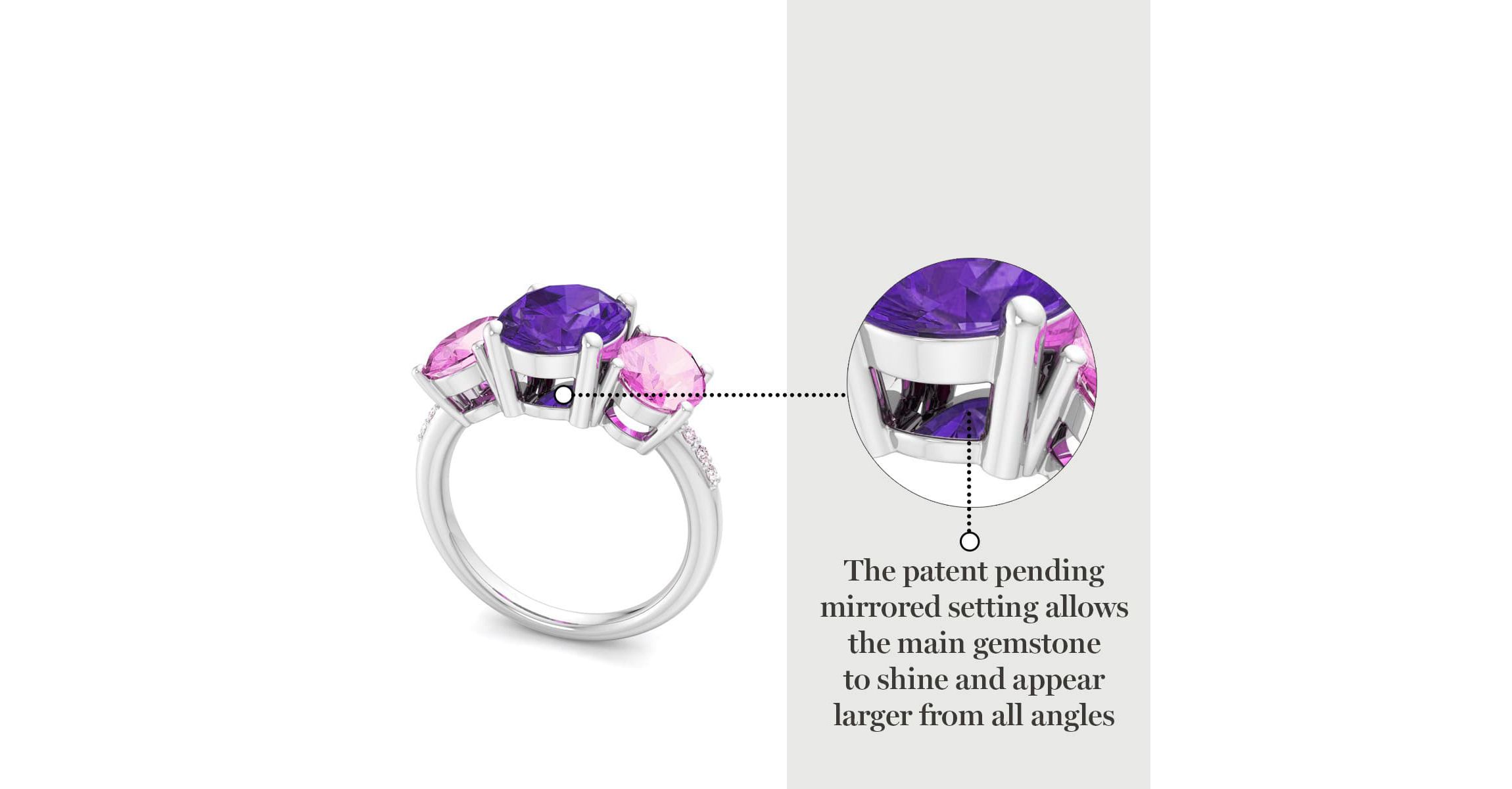 Lab Created Martha Stewart 5 Carat Oval Shape Amethyst, Pink Sapphire and Lab Grown Diamond Three Stone Plus Ring In Sterling Silver
