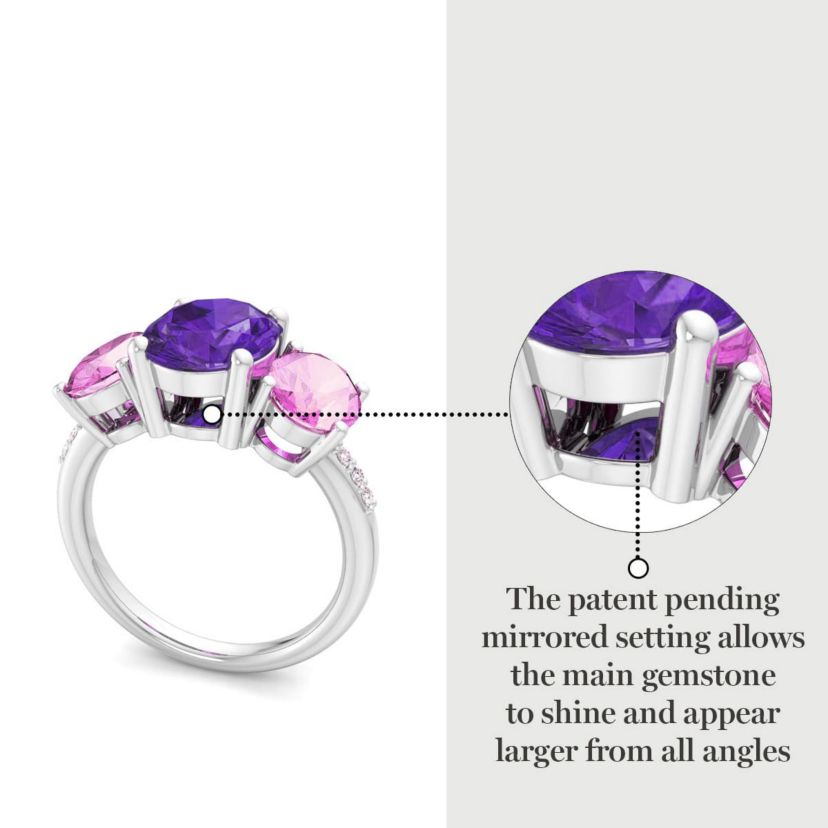 Lab Created Martha Stewart 5 Carat Oval Shape Amethyst, Pink Sapphire and Lab Grown Diamond Three Stone Plus Ring In Sterling Silver