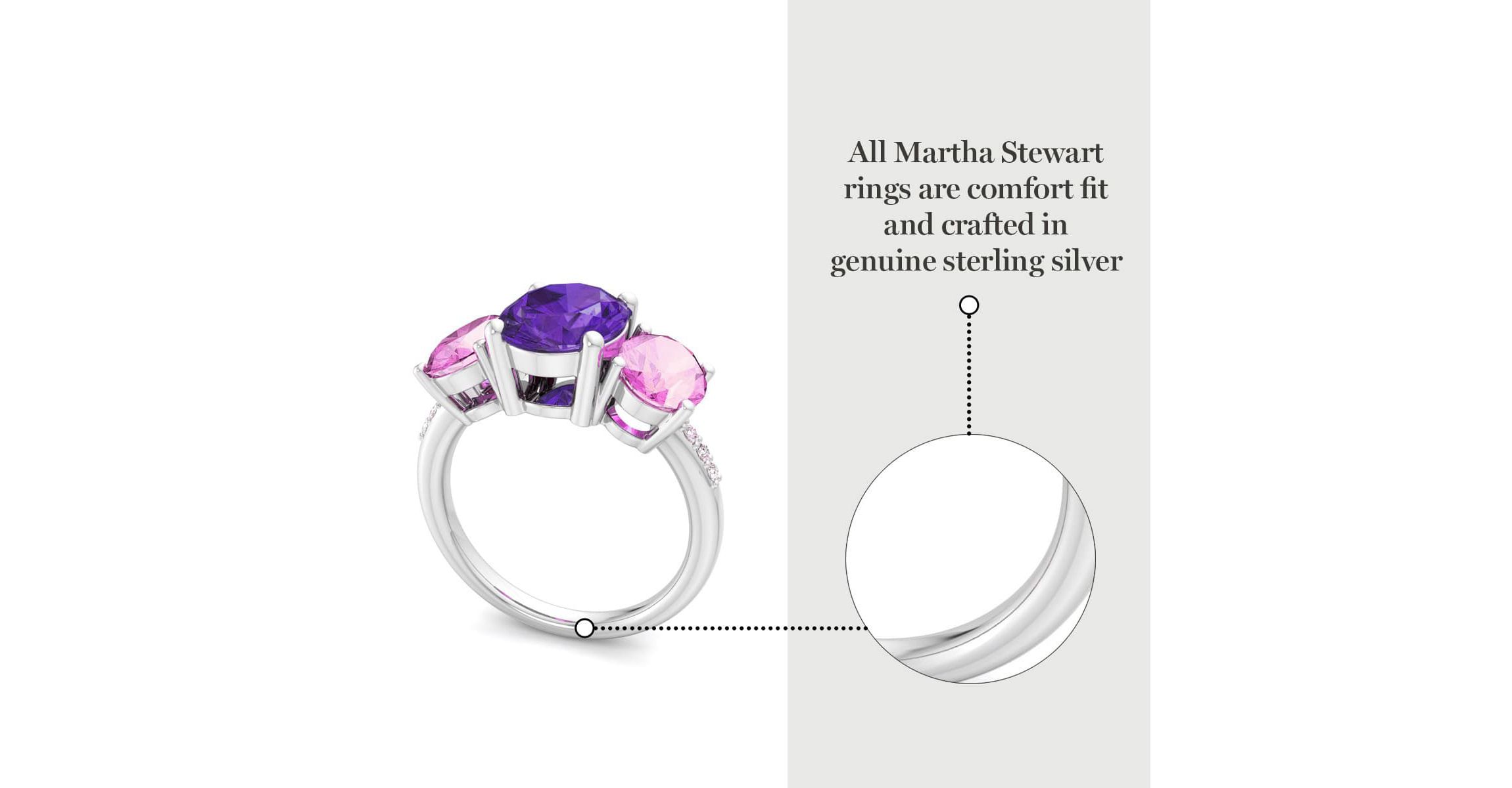 Lab Created Martha Stewart 5 Carat Oval Shape Amethyst, Pink Sapphire and Lab Grown Diamond Three Stone Plus Ring In Sterling Silver