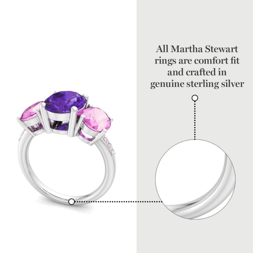 Lab Created Martha Stewart 5 Carat Oval Shape Amethyst, Pink Sapphire and Lab Grown Diamond Three Stone Plus Ring In Sterling Silver