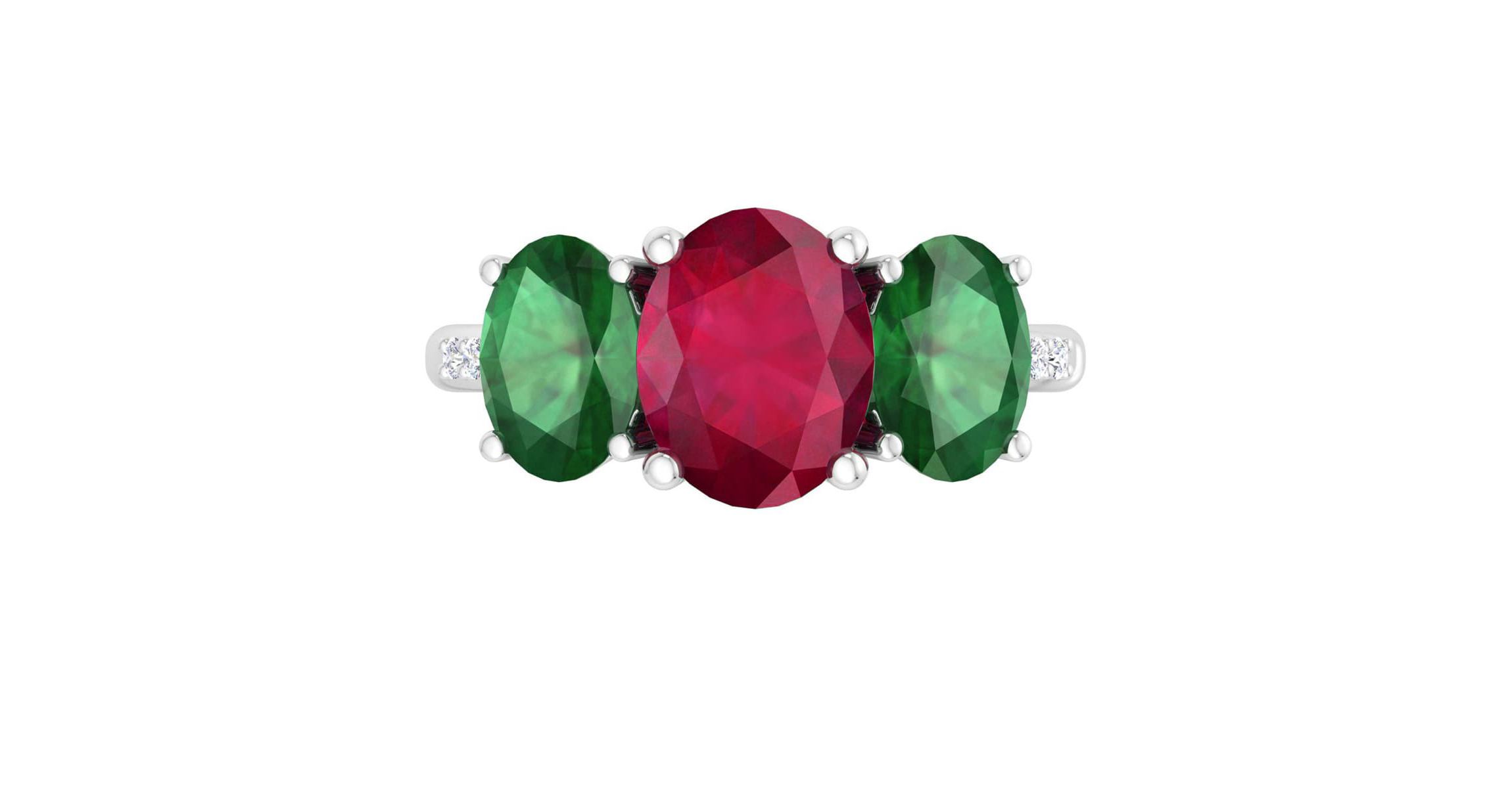 Lab Created Martha Stewart 5 Carat Oval Shape Ruby, Emerald and Lab Grown Diamond Three Stone Plus Ring In Sterling Silver
