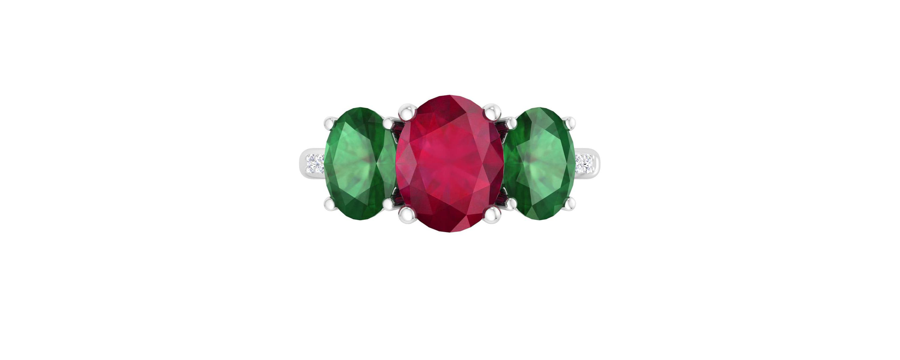 Lab Created Martha Stewart 5 Carat Oval Shape Ruby, Emerald and Lab Grown Diamond Three Stone Plus Ring In Sterling Silver