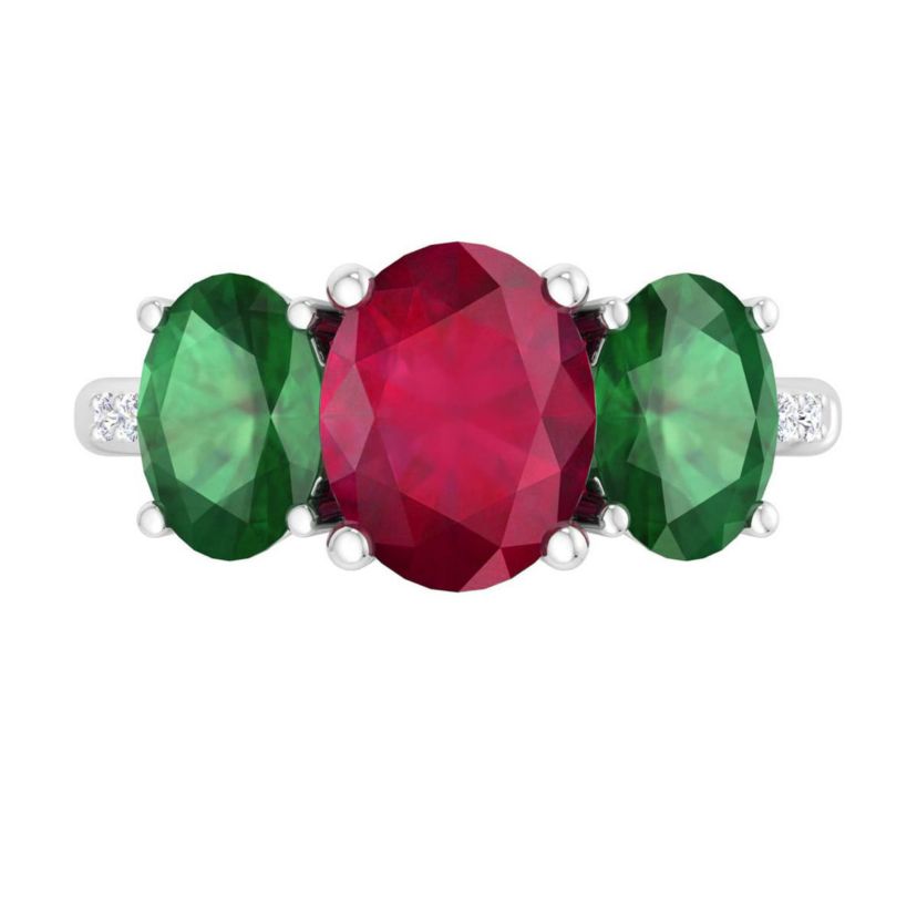 Lab Created Martha Stewart 5 Carat Oval Shape Ruby, Emerald and Lab Grown Diamond Three Stone Plus Ring In Sterling Silver