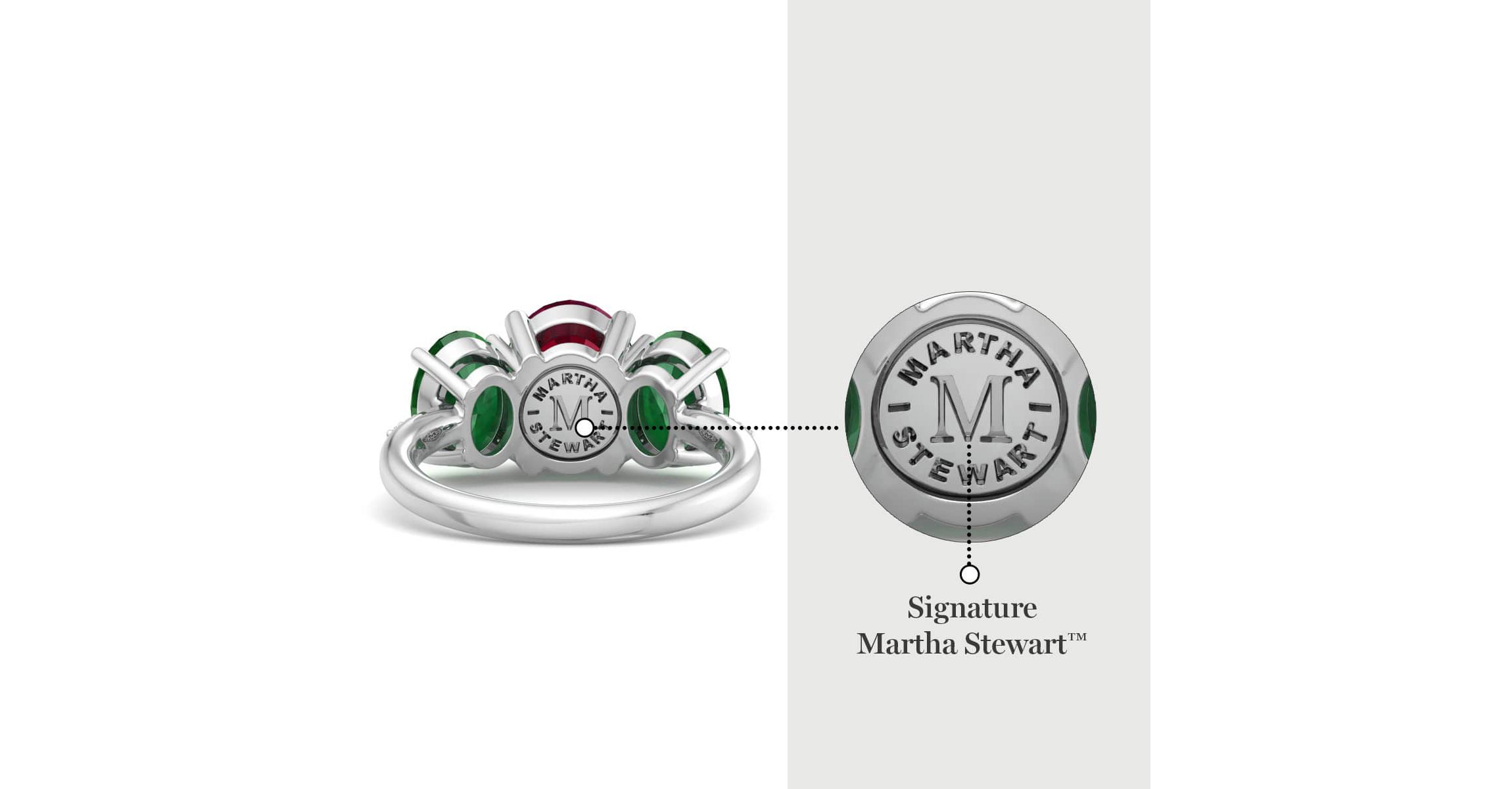 Lab Created Martha Stewart 5 Carat Oval Shape Ruby, Emerald and Lab Grown Diamond Three Stone Plus Ring In Sterling Silver