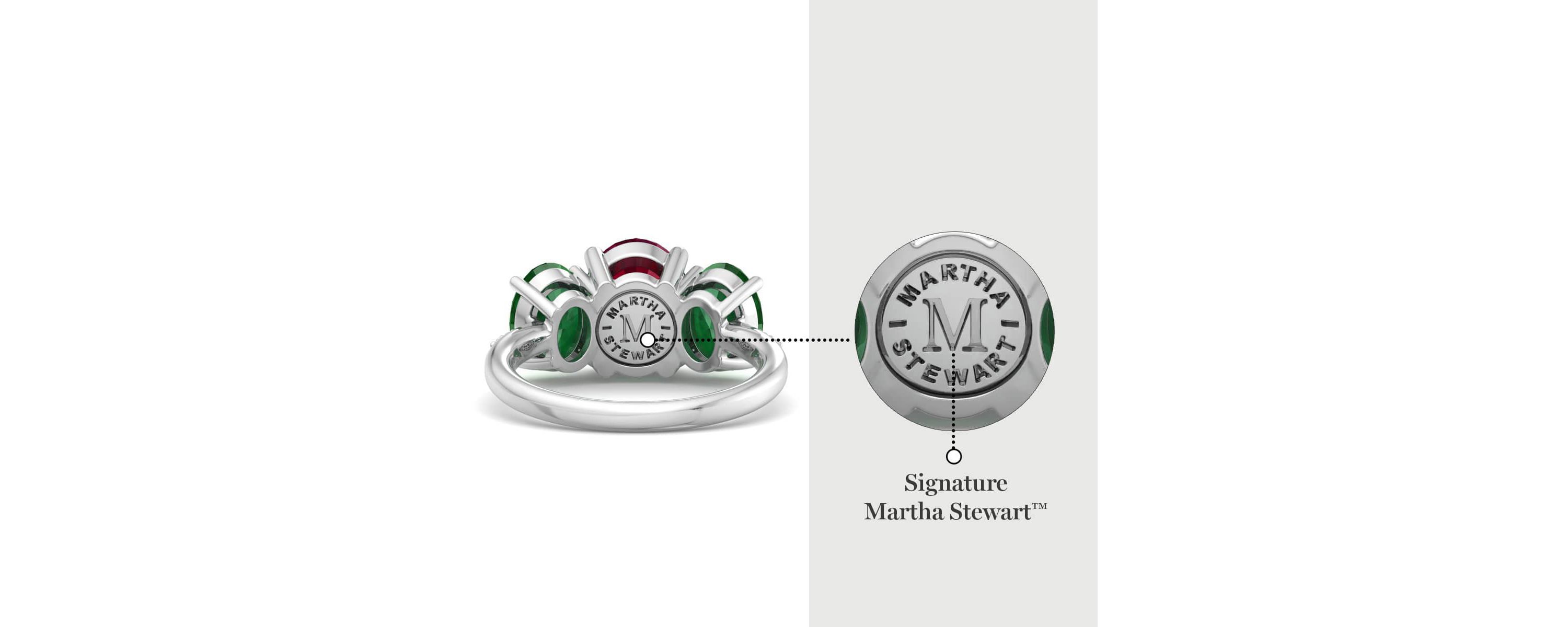 Lab Created Martha Stewart 5 Carat Oval Shape Ruby, Emerald and Lab Grown Diamond Three Stone Plus Ring In Sterling Silver