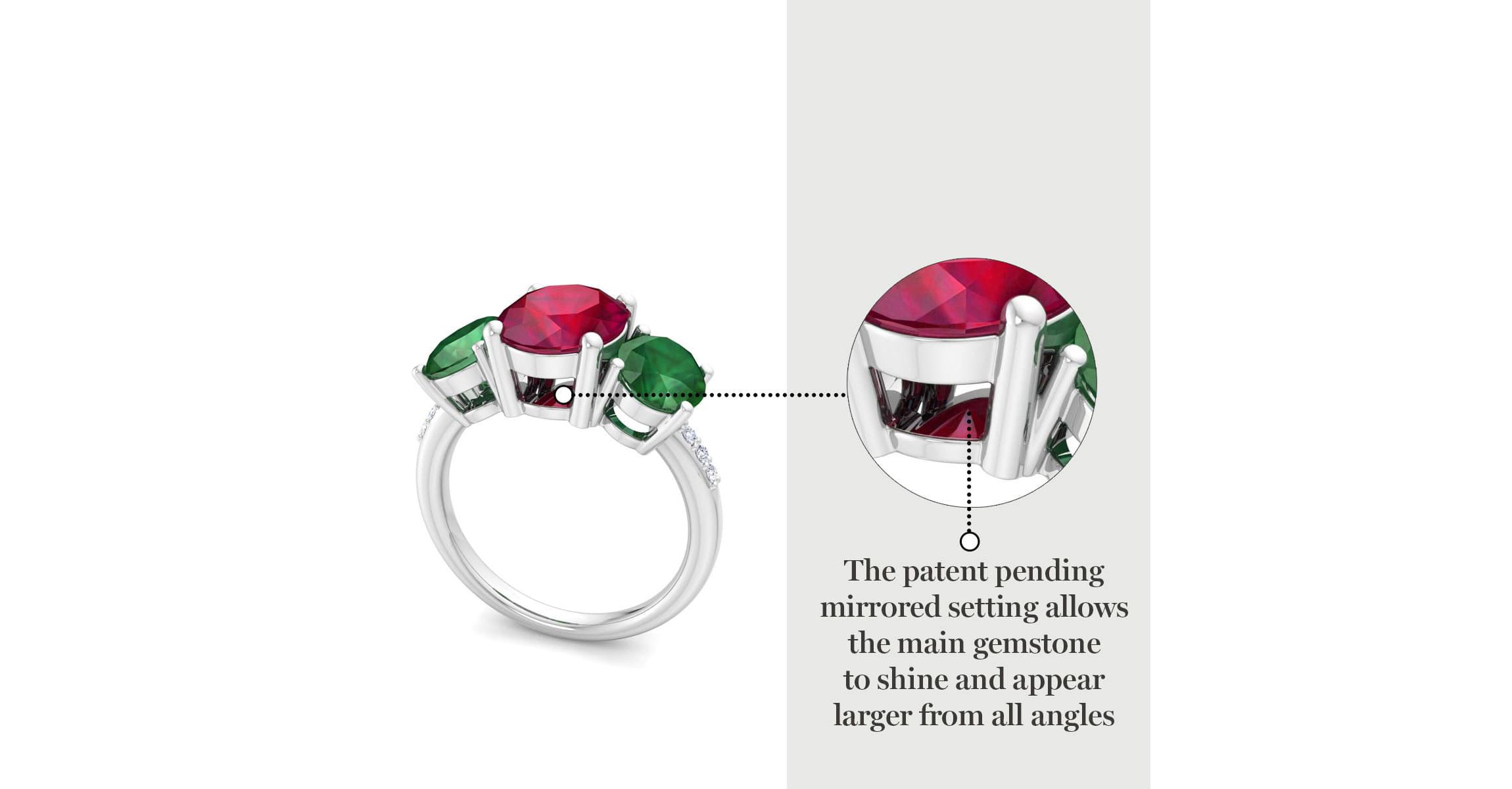 Lab Created Martha Stewart 5 Carat Oval Shape Ruby, Emerald and Lab Grown Diamond Three Stone Plus Ring In Sterling Silver