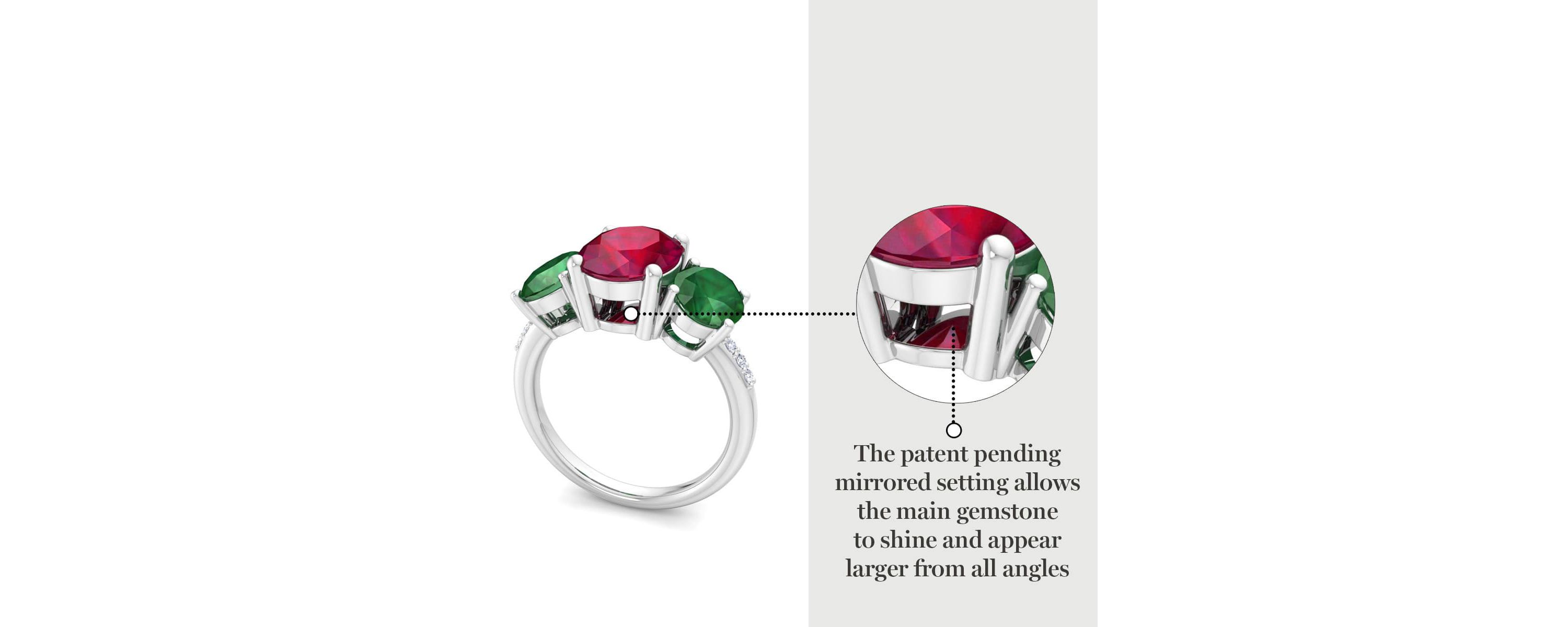 Lab Created Martha Stewart 5 Carat Oval Shape Ruby, Emerald and Lab Grown Diamond Three Stone Plus Ring In Sterling Silver
