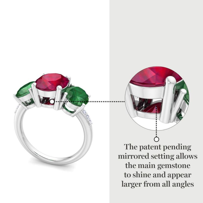 Lab Created Martha Stewart 5 Carat Oval Shape Ruby, Emerald and Lab Grown Diamond Three Stone Plus Ring In Sterling Silver