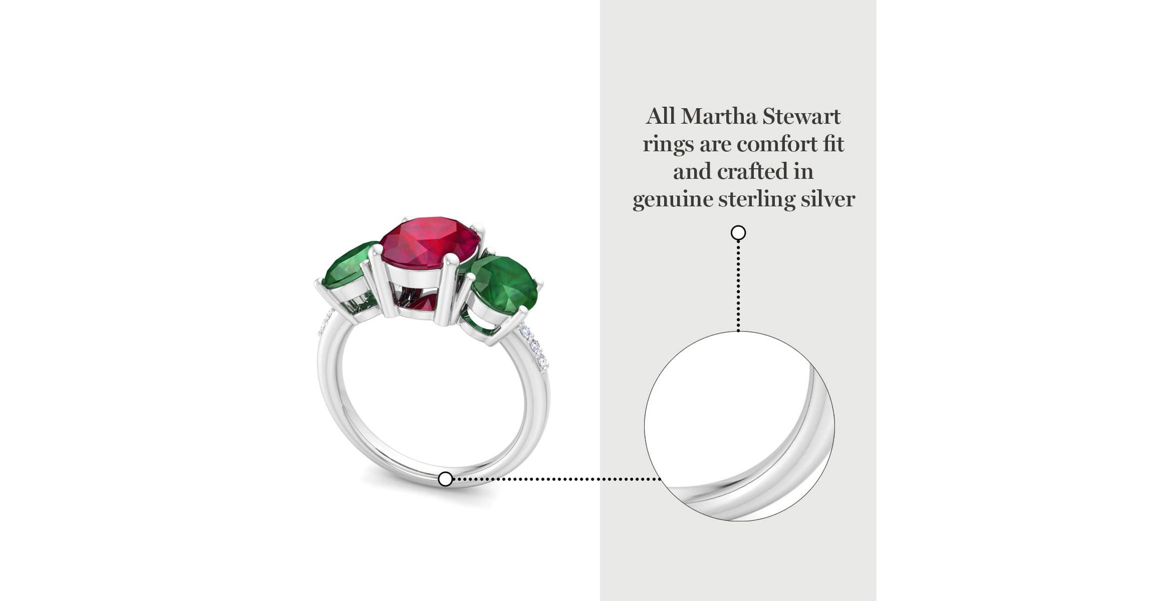 Lab Created Martha Stewart 5 Carat Oval Shape Ruby, Emerald and Lab Grown Diamond Three Stone Plus Ring In Sterling Silver