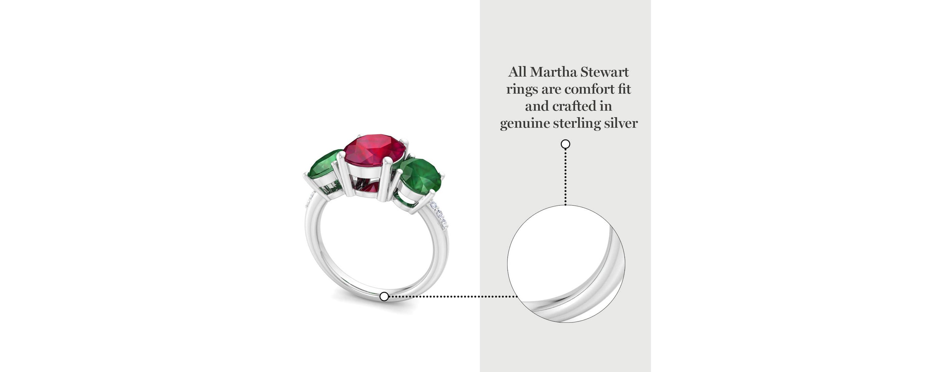Lab Created Martha Stewart 5 Carat Oval Shape Ruby, Emerald and Lab Grown Diamond Three Stone Plus Ring In Sterling Silver