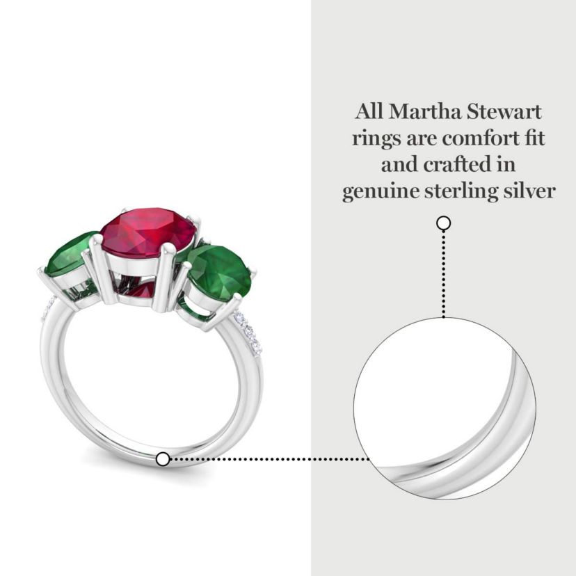 Lab Created Martha Stewart 5 Carat Oval Shape Ruby, Emerald and Lab Grown Diamond Three Stone Plus Ring In Sterling Silver