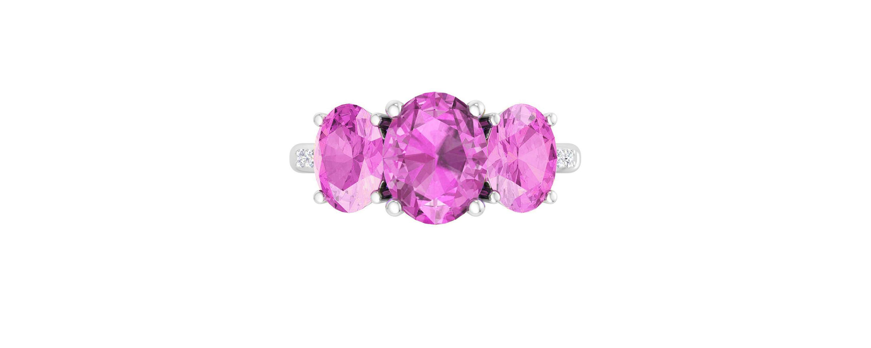Lab Created Martha Stewart 5 Carat Oval Shape Pink Sapphire and Lab Grown Diamond Three Stone Plus Ring In Sterling Silver