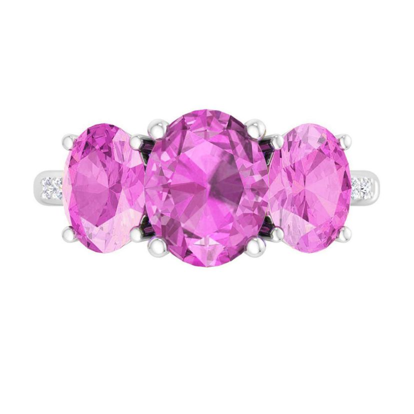 Lab Created Martha Stewart 5 Carat Oval Shape Pink Sapphire and Lab Grown Diamond Three Stone Plus Ring In Sterling Silver