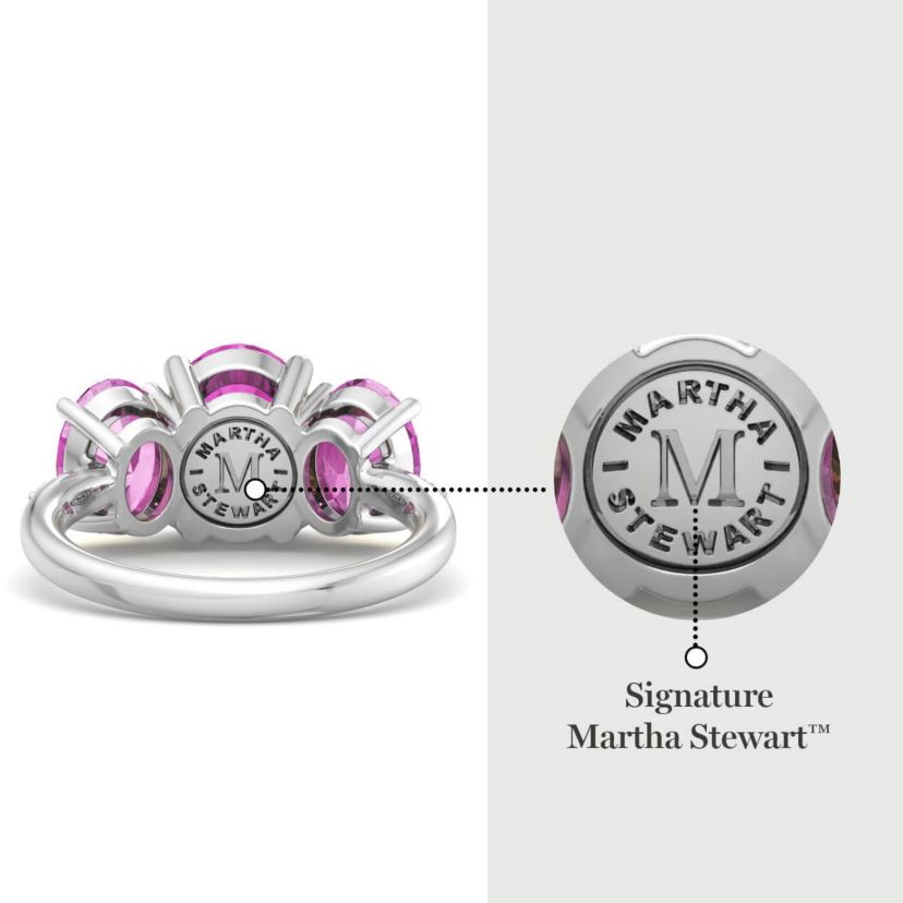 Lab Created Martha Stewart 5 Carat Oval Shape Pink Sapphire and Lab Grown Diamond Three Stone Plus Ring In Sterling Silver