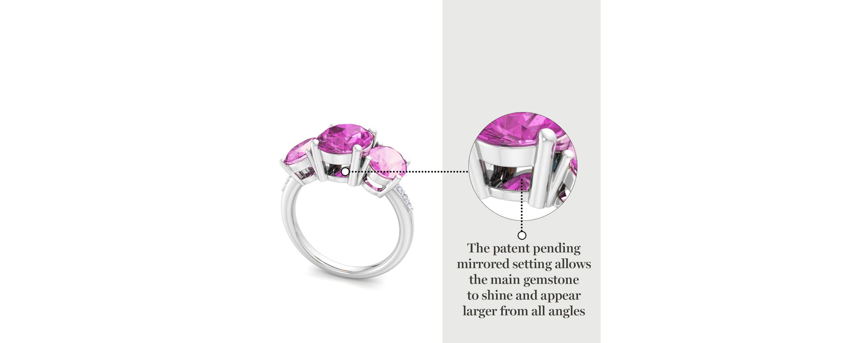 Lab Created Martha Stewart 5 Carat Oval Shape Pink Sapphire and Lab Grown Diamond Three Stone Plus Ring In Sterling Silver