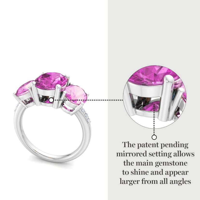 Lab Created Martha Stewart 5 Carat Oval Shape Pink Sapphire and Lab Grown Diamond Three Stone Plus Ring In Sterling Silver