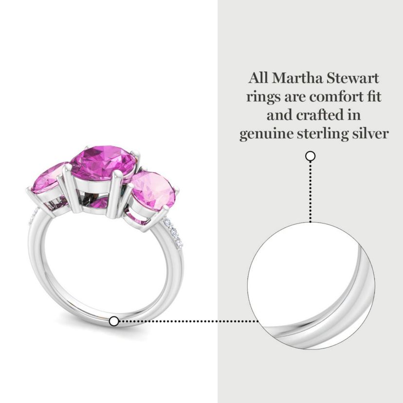 Lab Created Martha Stewart 5 Carat Oval Shape Pink Sapphire and Lab Grown Diamond Three Stone Plus Ring In Sterling Silver